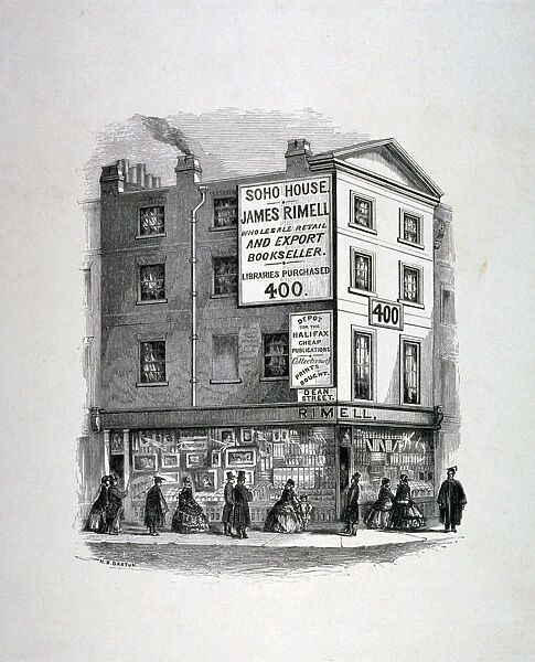 James Rimells bookshop, Soho House, corner of Dean Street and Oxford Street, London, c1860