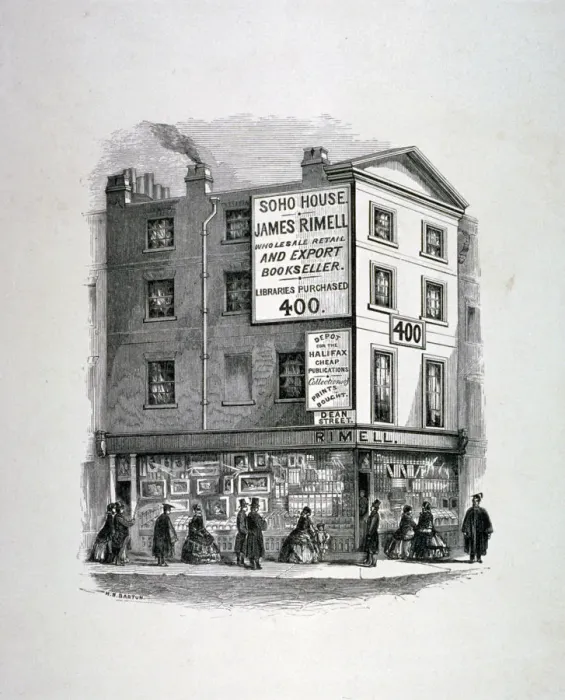 Framed Print : James Rimells bookshop, Soho House, corner of Dean Street and Oxford Street, London, c1860 Framed Print : James Rimells bookshop, Soho House, corner of Dean Street and Oxford Street, London, c1860