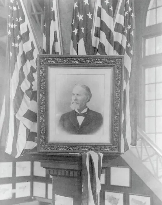 Framed Print : James Wilson, 1857-1932; photo of flag-decked framed bust portr. facing left, n.d.. Creator: Frances Benjamin Johnston Framed Print : James Wilson, 1857-1932; photo of flag-decked framed bust portr. facing left, n.d.. Creator: Frances Benjamin Johnston