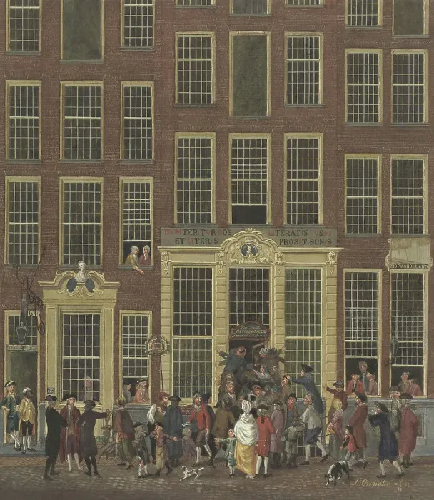 Framed Print : Jan de Groot's bookshop and lottery office in the Kalverstraat in Amsterdam, 1758-1843. Creator: Anon Framed Print : Jan de Groot's bookshop and lottery office in the Kalverstraat in Amsterdam, 1758-1843. Creator: Anon