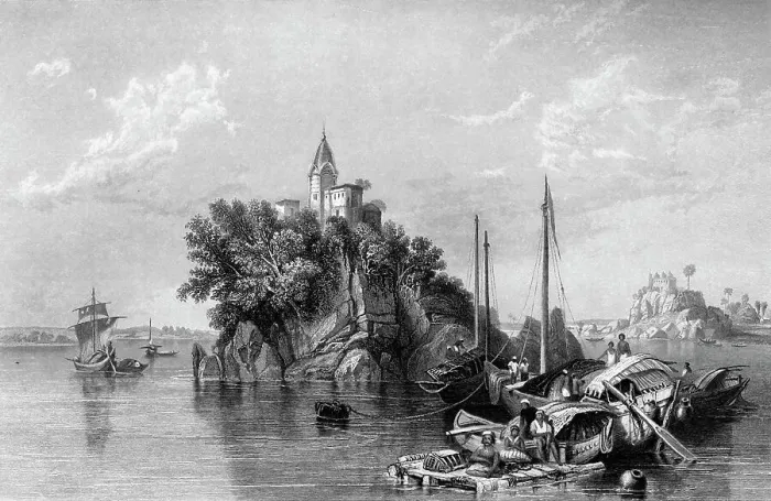 Framed Print : Janghera, or the Fakeers Rock, on the Ganges, 1845. Creator: Unknown Framed Print : Janghera, or the Fakeers Rock, on the Ganges, 1845. Creator: Unknown