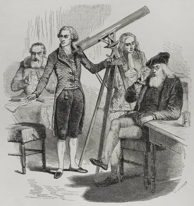 Framed Print : Janssen and his lenses, Galileo and his glasses, Newton and Herschel with their telescopes, 1856. Creator: Paul Perrichon Framed Print : Janssen and his lenses, Galileo and his glasses, Newton and Herschel with their telescopes, 1856. Creator: Paul Perrichon