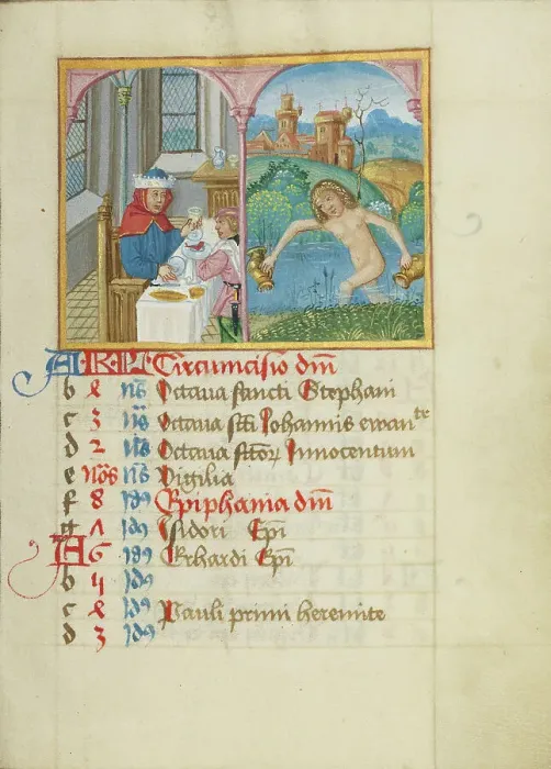 Framed Print : January Calendar Page; Feasting; Aquarius; Book of Hours, early 16th century. Creator: Unknown Framed Print : January Calendar Page; Feasting; Aquarius; Book of Hours, early 16th century. Creator: Unknown