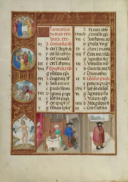 Framed Print : January Calendar Page: Feasting and Warming: Aquarius; Spinola Hours, about 1510-1520. Creator: Workshop of Master of the First Prayer Book of Maximilian Framed Print : January Calendar Page: Feasting and Warming: Aquarius; Spinola Hours, about 1510-1520. Creator: Workshop of Master of the First Prayer Book of Maximilian