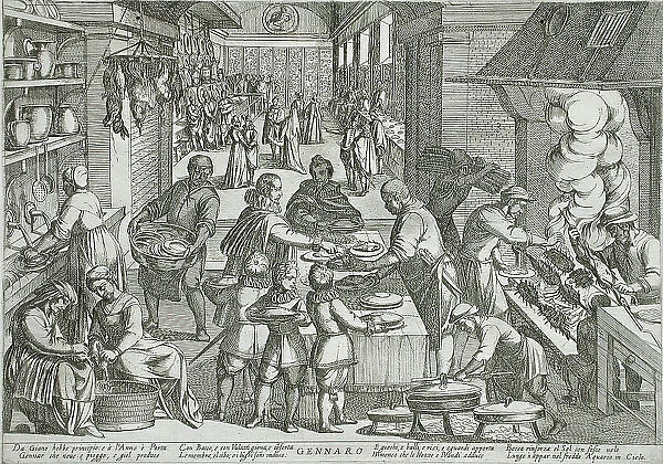 January: A Kitchen, published 1599. Creator: Antonio Tempesta