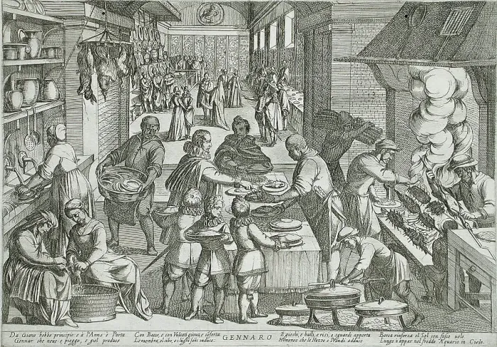 Framed Print : January: A Kitchen, published 1599. Creator: Antonio Tempesta Framed Print : January: A Kitchen, published 1599. Creator: Antonio Tempesta