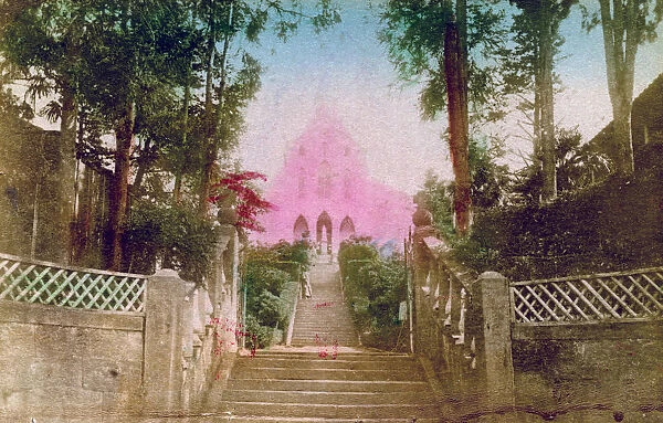 Japan. Hand-tinted picture postcard. Steps leading up to a building