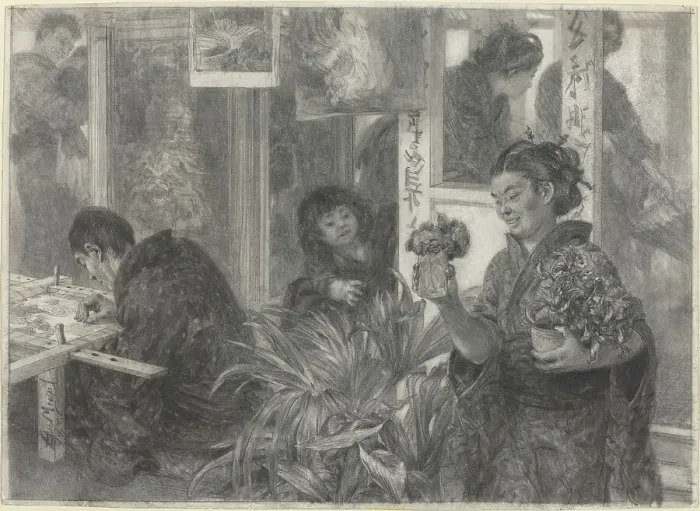 Framed Print : Japanese Artist at Work, 1886. Creator: Adolph Menzel Framed Print : Japanese Artist at Work, 1886. Creator: Adolph Menzel