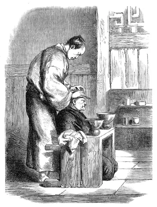 Framed Print : A Japanese barber - from a sketch by our special artist, 1864. Creator: Unknown