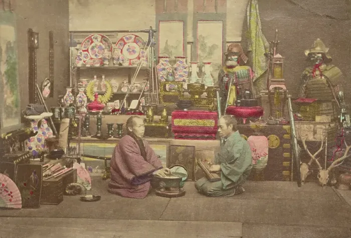 Framed Print : Two Japanese business men in their shop, 1868-1880. Creator: Felice Beato Framed Print : Two Japanese business men in their shop, 1868-1880. Creator: Felice Beato