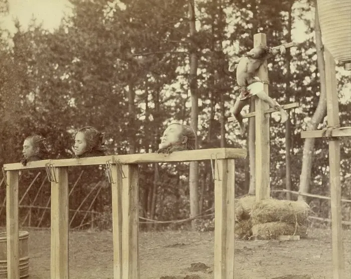 Framed Print : Japanese Criminals Crucified and Beheaded, 1863-1868. Creator: Felice Beato Framed Print : Japanese Criminals Crucified and Beheaded, 1863-1868. Creator: Felice Beato