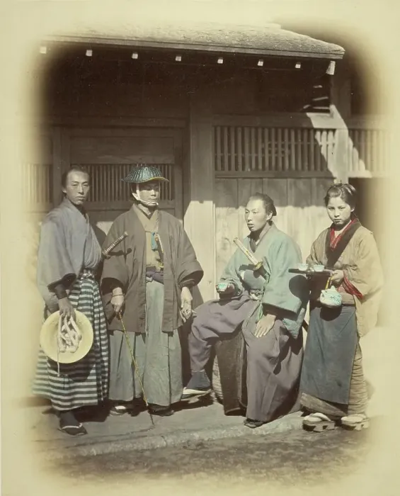 Framed Print : Japanese Escort Officers in Front of a Teahouse, about 1868. Creator: Felice Beato Framed Print : Japanese Escort Officers in Front of a Teahouse, about 1868. Creator: Felice Beato