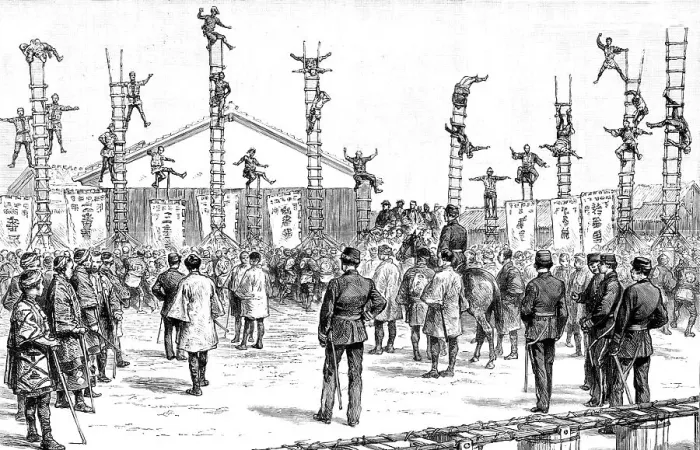 Framed Print : The Japanese Fire Brigade; Japanese Firemen at their Exercise, 1891. Creator: Unknown Framed Print : The Japanese Fire Brigade; Japanese Firemen at their Exercise, 1891. Creator: Unknown