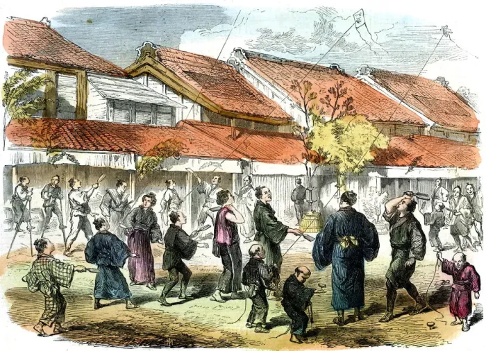 Framed Print : Japanese game of battledore and shuttlecock in the streets of Yokohama, 1865 Framed Print : Japanese game of battledore and shuttlecock in the streets of Yokohama, 1865