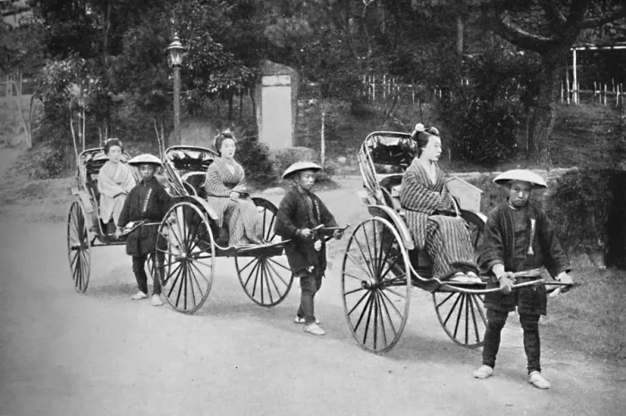 Framed Print : Japanese ladies in rickshaws drawn by coolies, 1902 Framed Print : Japanese ladies in rickshaws drawn by coolies, 1902