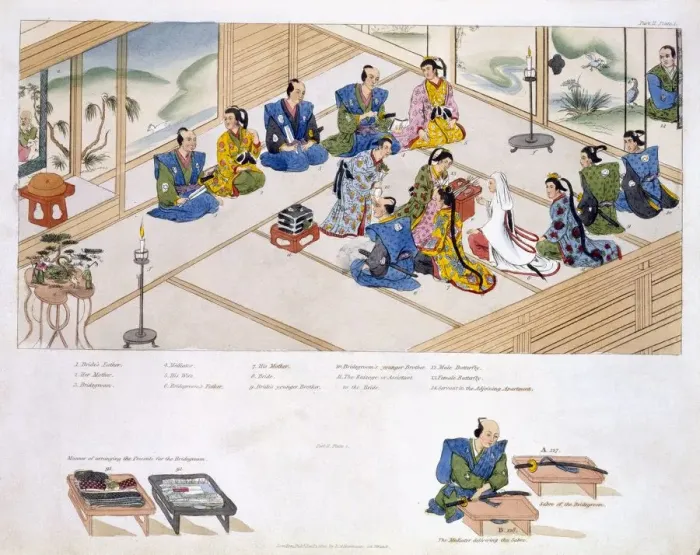Framed Print : Japanese Marriage: the two families meeting, with mediator; pub. 1824. Creator: Japanese School Framed Print : Japanese Marriage: the two families meeting, with mediator; pub. 1824. Creator: Japanese School