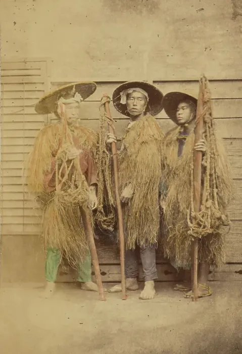 Framed Print : Three Japanese men in grass robes and wide-brimmed hats, 1868-1880. Creator: Felice Beato Framed Print : Three Japanese men in grass robes and wide-brimmed hats, 1868-1880. Creator: Felice Beato