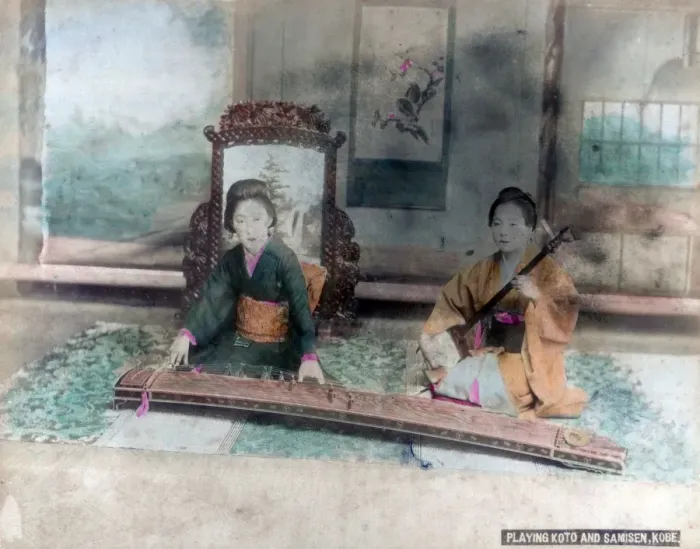 Framed Print : Japanese music: women playing Koto and Samisen, Kobe, Japan Framed Print : Japanese music: women playing Koto and Samisen, Kobe, Japan