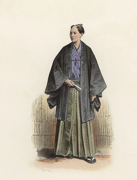 Japanese officer in street clothes, color engraving 1870