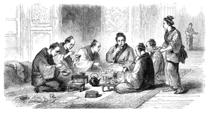 Framed Print : Japanese party at meals - from a sketch by our special artist, 1864. Creator: Unknown Framed Print : Japanese party at meals - from a sketch by our special artist, 1864. Creator: Unknown