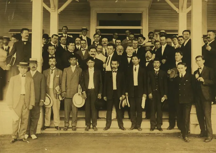 Framed Print : Japanese, Russian, French, German, American and English newspaper correspondents at Portsmouth, 1905 Creator: Unknown Framed Print : Japanese, Russian, French, German, American and English newspaper correspondents at Portsmouth, 1905 Creator: Unknown