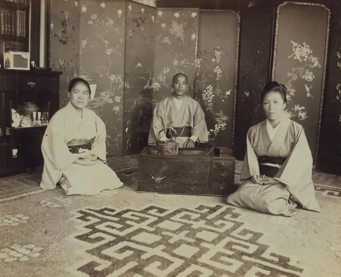 Framed Print : Japanese servants O Hero San, O Eun San, and O Sok San with tea utensils in the... 1899. Creator: Eleanor Lord Pray Framed Print : Japanese servants O Hero San, O Eun San, and O Sok San with tea utensils in the... 1899. Creator: Eleanor Lord Pray