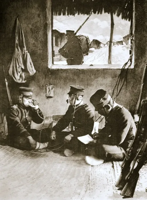 Framed Print : Japanese soldier making a telephone call, Russo-Japanese War, c1904-c1905. Artist Framed Print : Japanese soldier making a telephone call, Russo-Japanese War, c1904-c1905. Artist