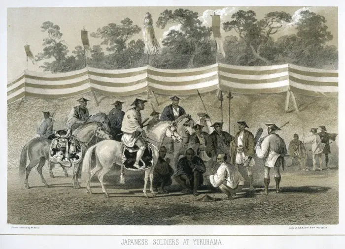 Framed Print : Japanese soldiers at Yukuhama, Japan, c1845. Artist: Sarony & Co Framed Print : Japanese soldiers at Yukuhama, Japan, c1845. Artist: Sarony & Co