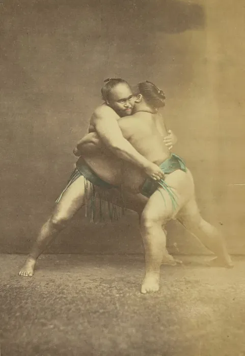 Framed Print : Two Japanese sumo westlers in gappling pose, 1868-1880. Creator: Felice Beato Framed Print : Two Japanese sumo westlers in gappling pose, 1868-1880. Creator: Felice Beato