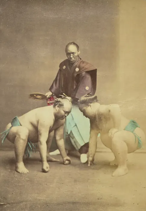 Framed Print : Two Japanese sumo wrestlers posed with referee, 1868-1880. Creator: Felice Beato Framed Print : Two Japanese sumo wrestlers posed with referee, 1868-1880. Creator: Felice Beato