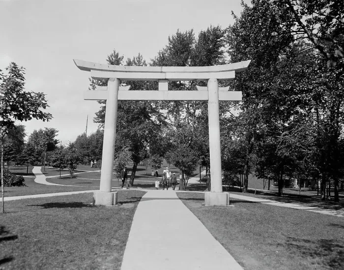 Framed Print : Japanese Torii, entrance canal park, Sault Ste. Marie, Mich. between 1900 and 1920. Creator: Unknown Framed Print : Japanese Torii, entrance canal park, Sault Ste. Marie, Mich. between 1900 and 1920. Creator: Unknown