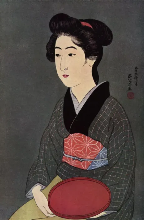 Framed Print : A Japanese waitress with a tray, 1920 (1930). Artist: Hashiguchi Goyo Framed Print : A Japanese waitress with a tray, 1920 (1930). Artist: Hashiguchi Goyo