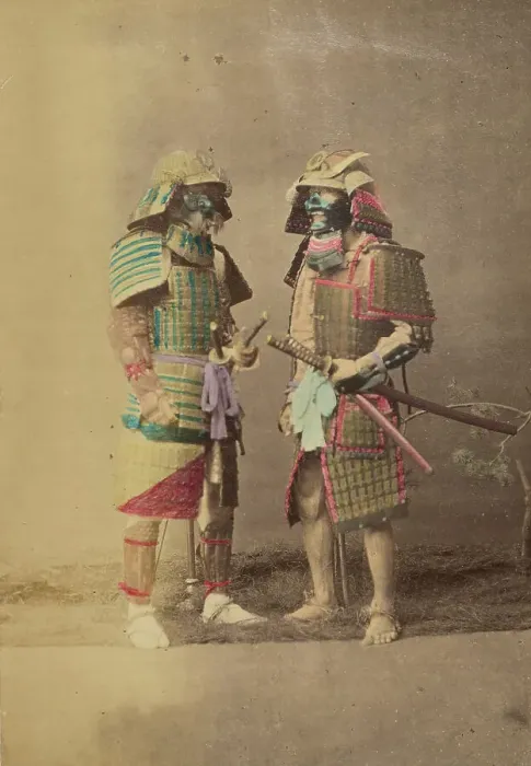 Framed Print : Two Japanese warriors in full dress costumes, 1868-1880. Creator: Felice Beato Framed Print : Two Japanese warriors in full dress costumes, 1868-1880. Creator: Felice Beato