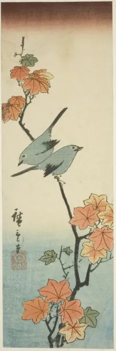 Framed Print : Japanese white-eyes on a maple branch, 1854. Creator: Ando Hiroshige Framed Print : Japanese white-eyes on a maple branch, 1854. Creator: Ando Hiroshige