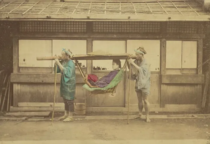 Framed Print : Japanese woman being carried by two Japanese men in a kago, 1868-1880. Creator: Felice Beato Framed Print : Japanese woman being carried by two Japanese men in a kago, 1868-1880. Creator: Felice Beato
