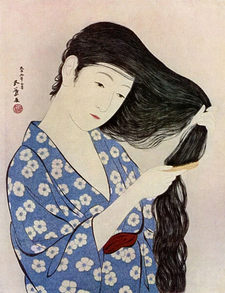 A Japanese woman combing her hair, 1920 (1930). Artist: Hashiguchi Goyo