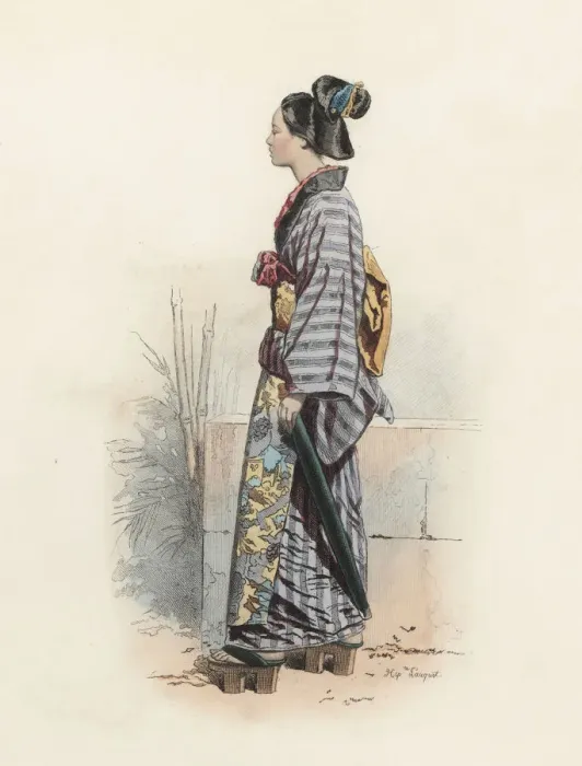 Framed Print : Japanese woman dressed in street clothes, color engraving 1870 Framed Print : Japanese woman dressed in street clothes, color engraving 1870