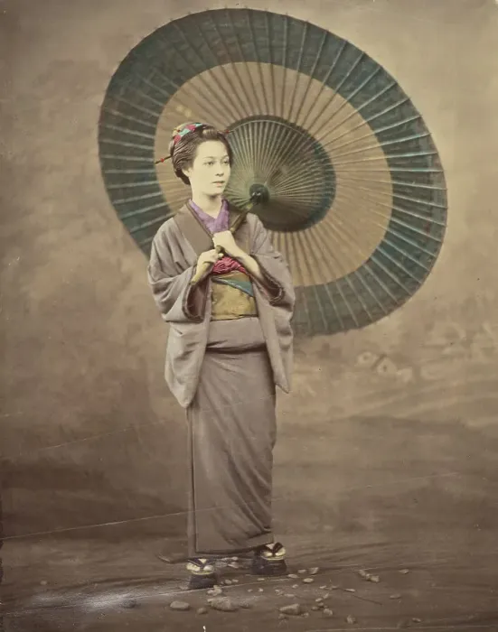 Framed Print : Japanese woman holding a large parasol, 1868-1880. Creator: Felice Beato Framed Print : Japanese woman holding a large parasol, 1868-1880. Creator: Felice Beato