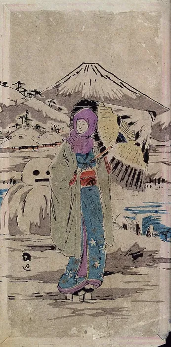 Framed Print : A Japanese woman standing in the snow, between 1800 and 1899. Creator: Unknown Framed Print : A Japanese woman standing in the snow, between 1800 and 1899. Creator: Unknown