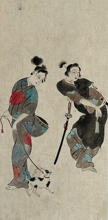 Framed Print : A Japanese woman taking a dog for a walk compared with an effeminate samurai, between 1800 and 1899. Creator: Unknown Framed Print : A Japanese woman taking a dog for a walk compared with an effeminate samurai, between 1800 and 1899. Creator: Unknown