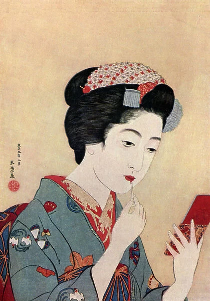 A Japanese woman using a beni brush to paint her lips, 1920 (1930). Artist: Hashiguchi Goyo