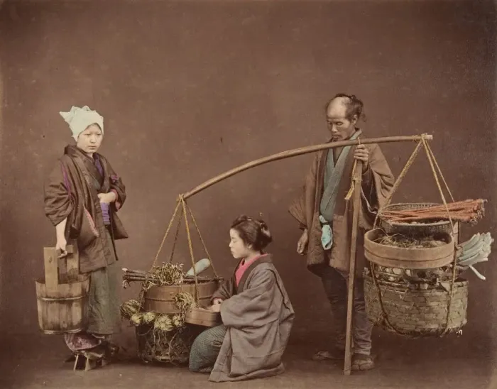 Framed Print : Two Japanese Women and One Japanese Man Posing with Water Bucket and Baskets], 1870s