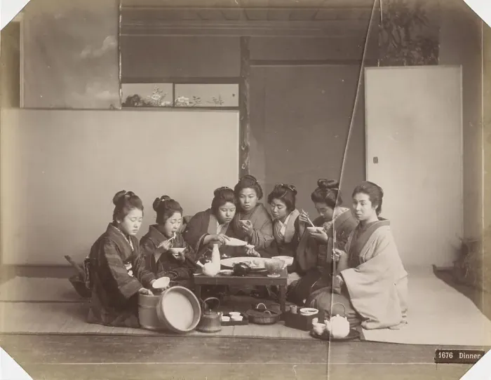 Framed Print : Japanese women at a meal, Between 1870 and 1890. Creator: Anonymous Framed Print : Japanese women at a meal, Between 1870 and 1890. Creator: Anonymous