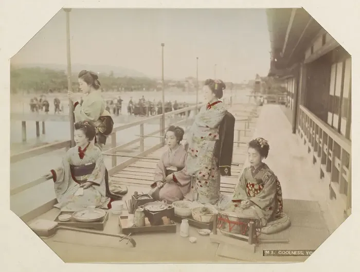 Framed Print : Japanese women at a meal in Kyoto, Between 1870 and 1890. Creator: Anonymous