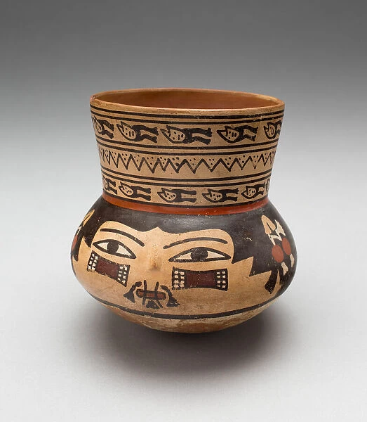 Jar in the Form of a Human Head with Face Painting and Bound Lips, 180 B. C.  /  A. D. 500