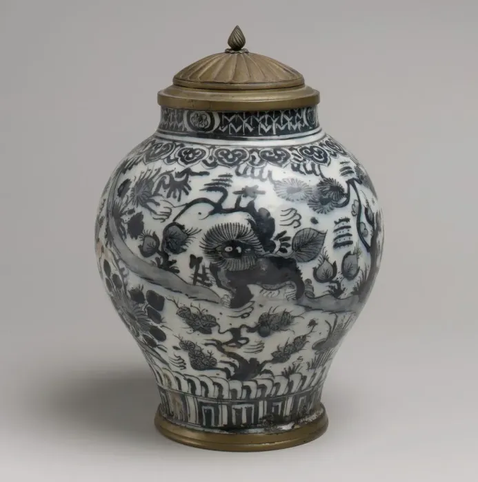 Framed Print : Jar with Lion and Landscape Elements, Iran, first half 18th century. Creator: Unknown Framed Print : Jar with Lion and Landscape Elements, Iran, first half 18th century. Creator: Unknown