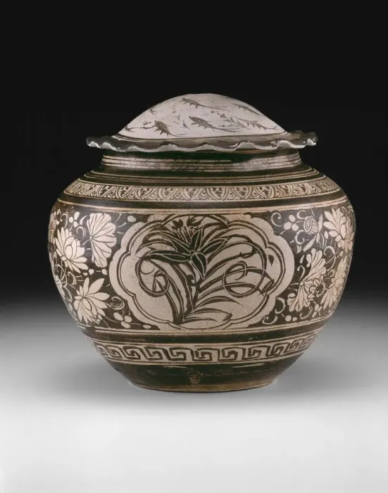 Framed Print : Jar with Sprays of Peony, Lily, and Plum and Lid with Framed Print : Jar with Sprays of Peony, Lily, and Plum and Lid with