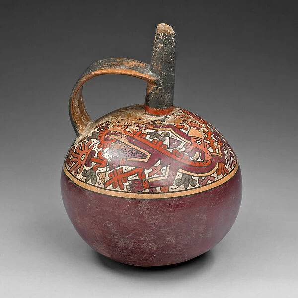 Jar with Strap Handle Depicting Abstract Figure, Possibly a Monkey, with Plants, A. D