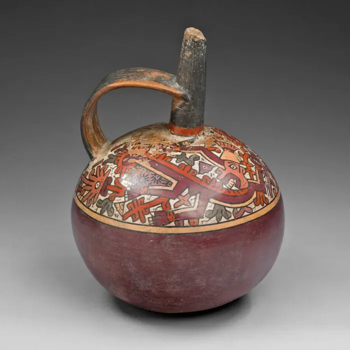 Framed Print : Jar with Strap Handle Depicting Abstract Figure, Possibly a Monkey, with Plants, A. D Framed Print : Jar with Strap Handle Depicting Abstract Figure, Possibly a Monkey, with Plants, A. D