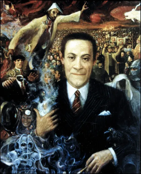 Framed Print : Jardiel Poncela in his universe, oil from 1992, Enrique Jardiel Poncela (1901-1952) Framed Print : Jardiel Poncela in his universe, oil from 1992, Enrique Jardiel Poncela (1901-1952)